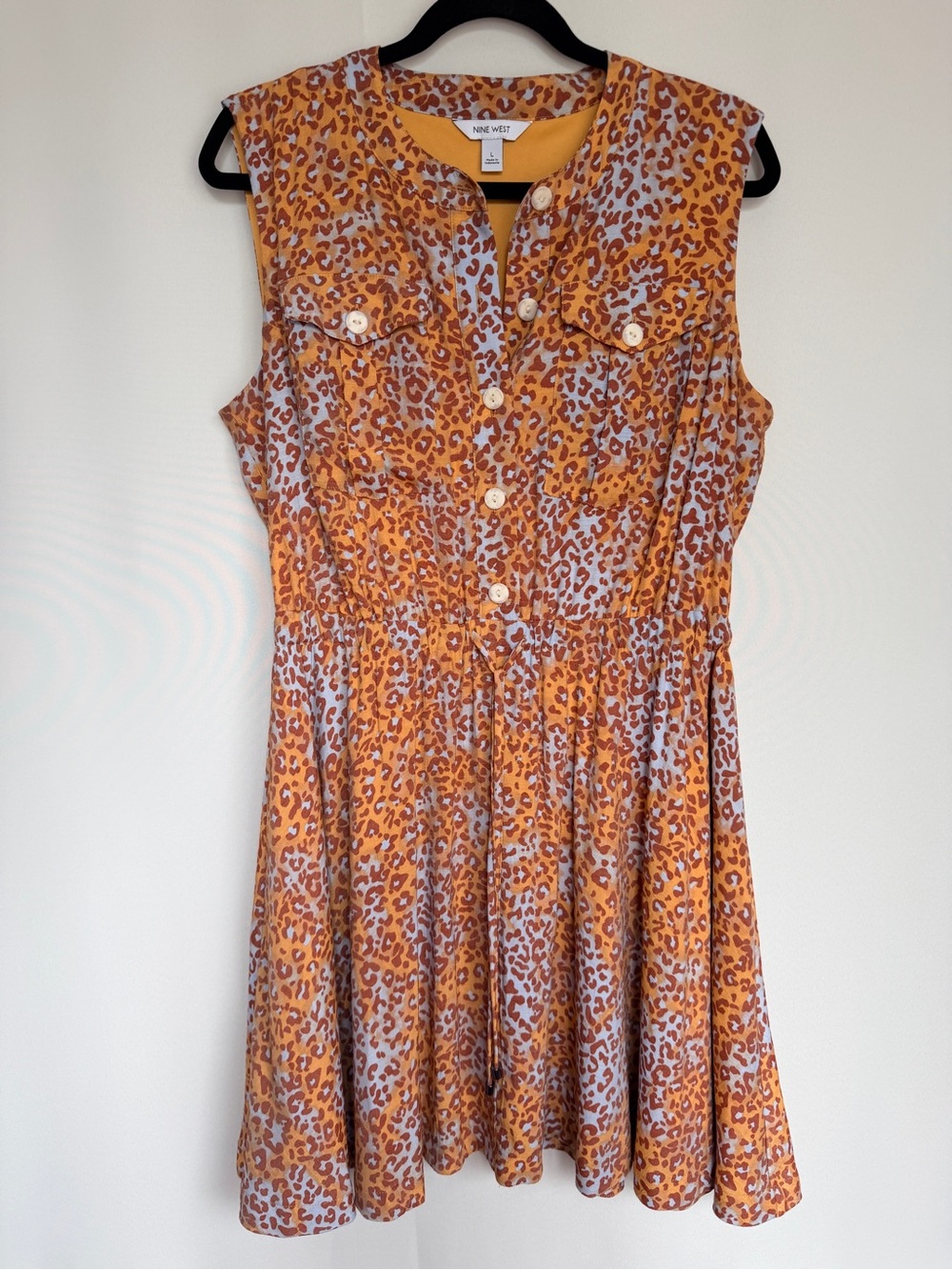 Nine West Leopard Print Sleeveless Dress Size Large – Lined Cinch Waist Pockets